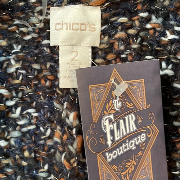 Chico’s Size 2 Medium multi color crochet sweater open front fringe sparkle - Picture 3 of 15